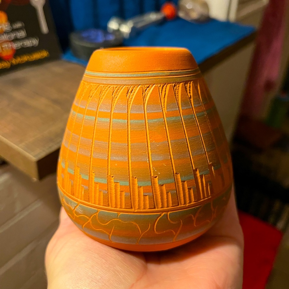 Signed VERA THOMPSON vase , approximately 4” x 3 1/2”, & at the opening 1 3/4”